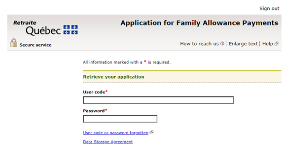 Exemple du champ code d'utilisateur et mote de passe du portail d'accès Demande d'allocation famille