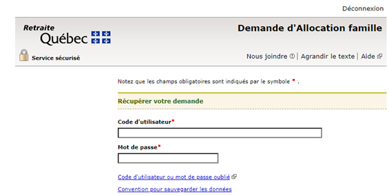 Exemple du champ code d'utilisateur et mote de passe du portail d'accès Demande d'allocation famille